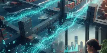 Global supply chain network with small business owner reviewing data, reflecting 2026 US trade policy impact.