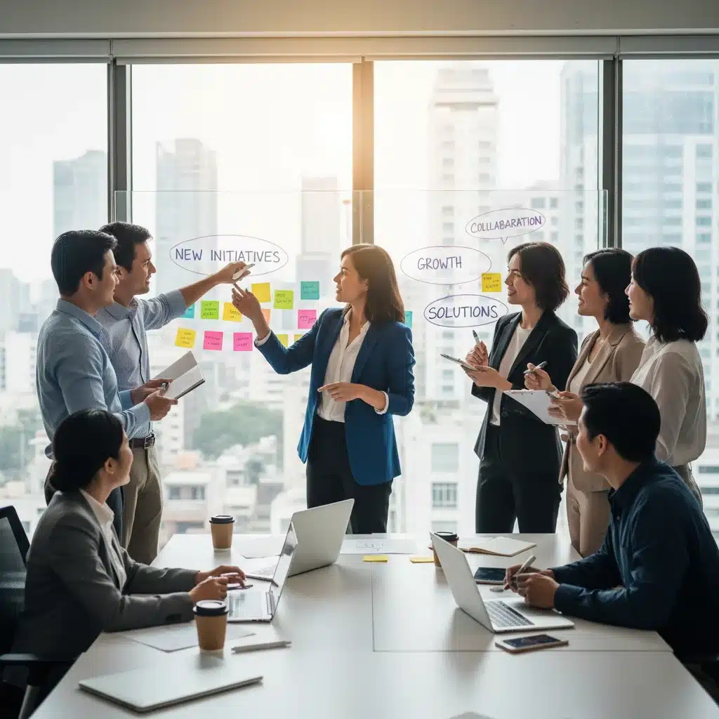 Startup leader guiding a diverse team in an innovative brainstorming session.