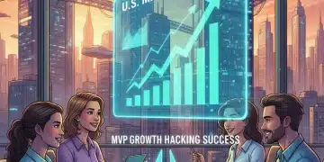 Startup team analyzing growth data on a holographic screen, symbolizing MVP success in the U.S. market.