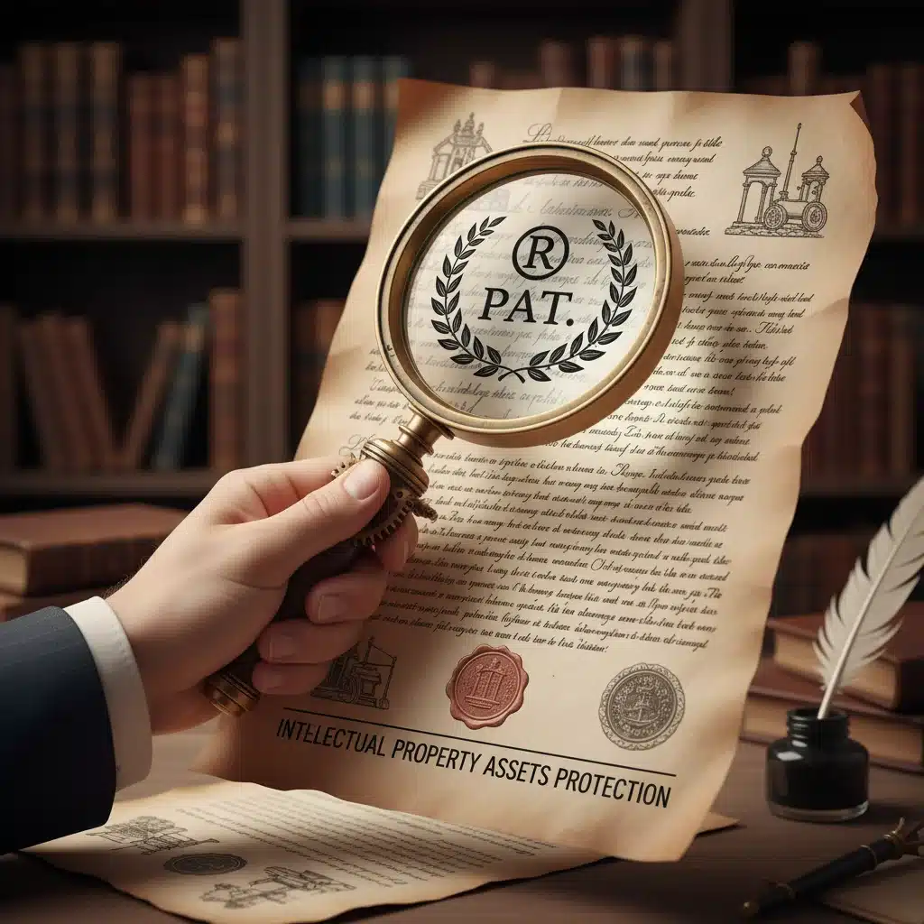 Examining a patent document with a magnifying glass for intellectual property protection