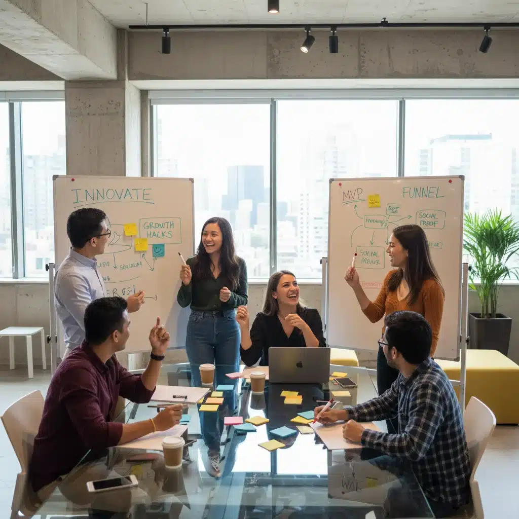 Entrepreneurs brainstorming growth hacking strategies in a modern co-working space.