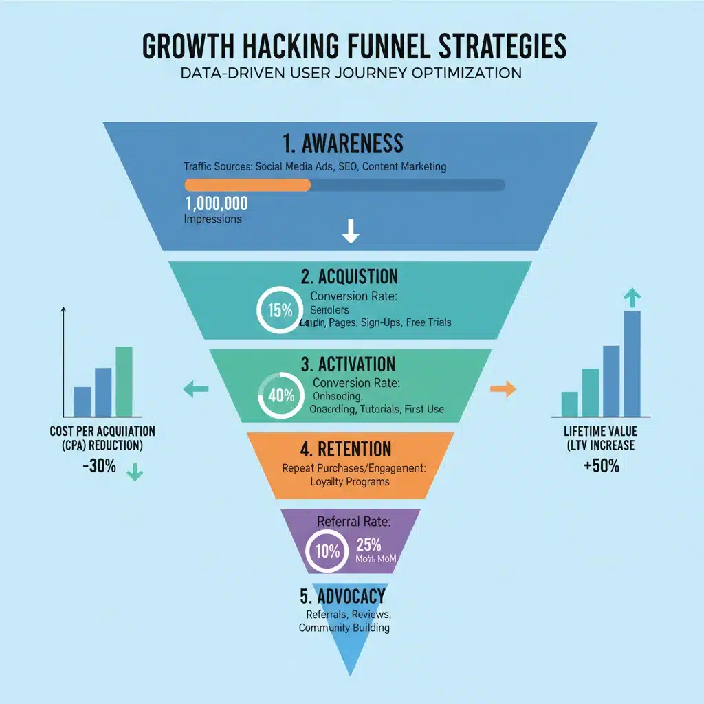 Infographic illustrating user acquisition and retention funnel stages for growth hacking.