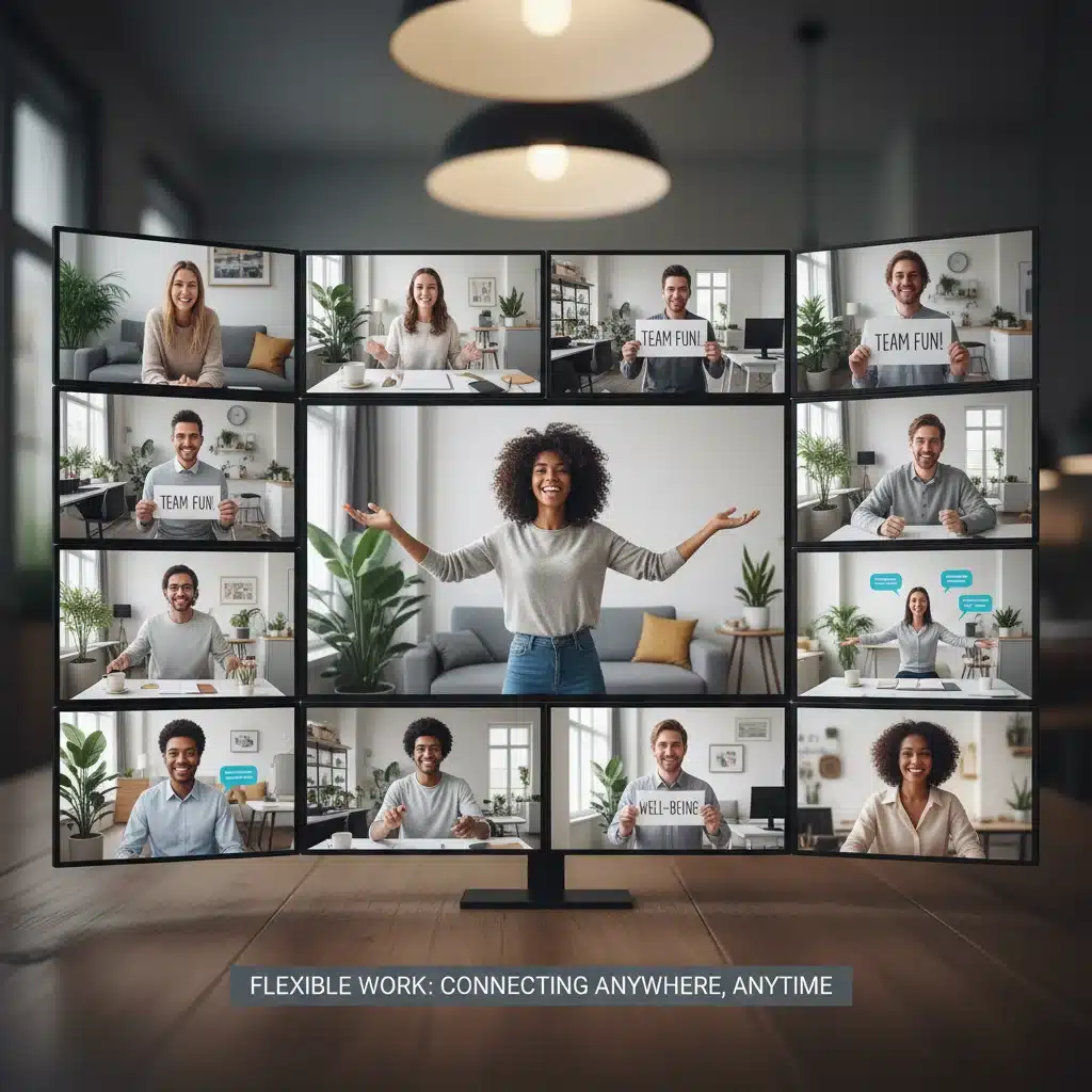 Remote team members engaging in a virtual team-building activity, showing connection.
