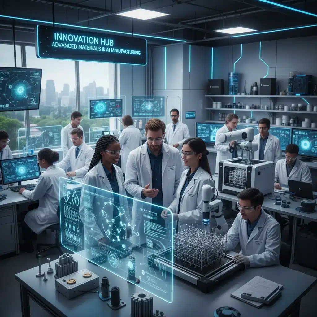 Engineers collaborating on advanced manufacturing and AI in a modern lab