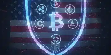 Digital shield protecting cryptocurrency icons with US flag in background, symbolizing crypto security measures.