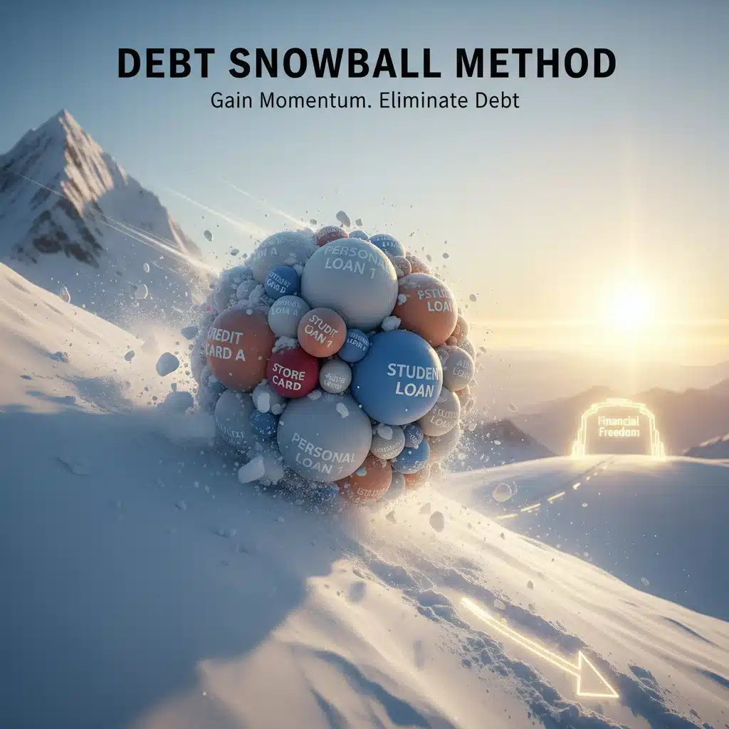 Debt snowball method visual, showing how small payments grow to tackle larger debts.