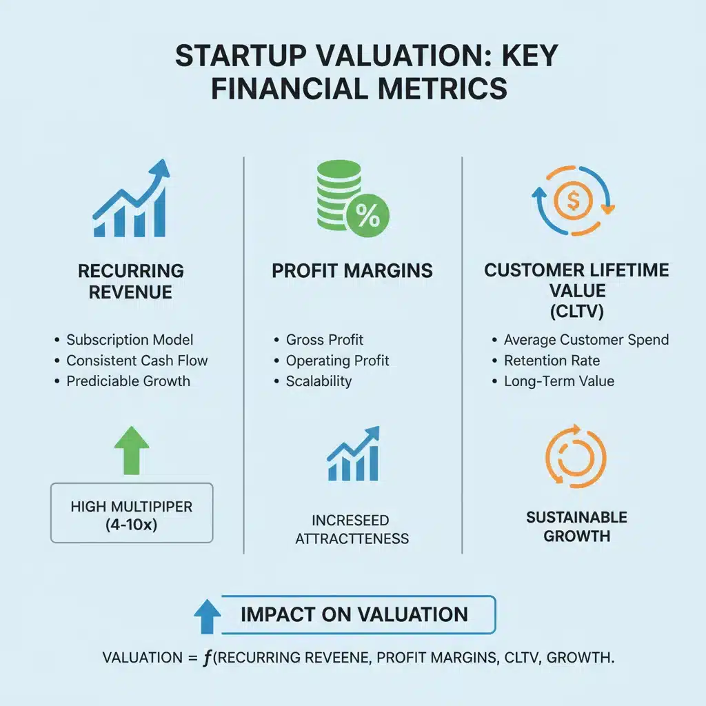 Infographic showing key financial metrics impacting startup valuation and growth