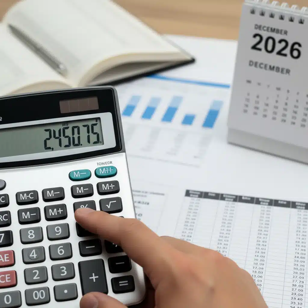 Hand holding calculator, financial documents, and 2026 calendar