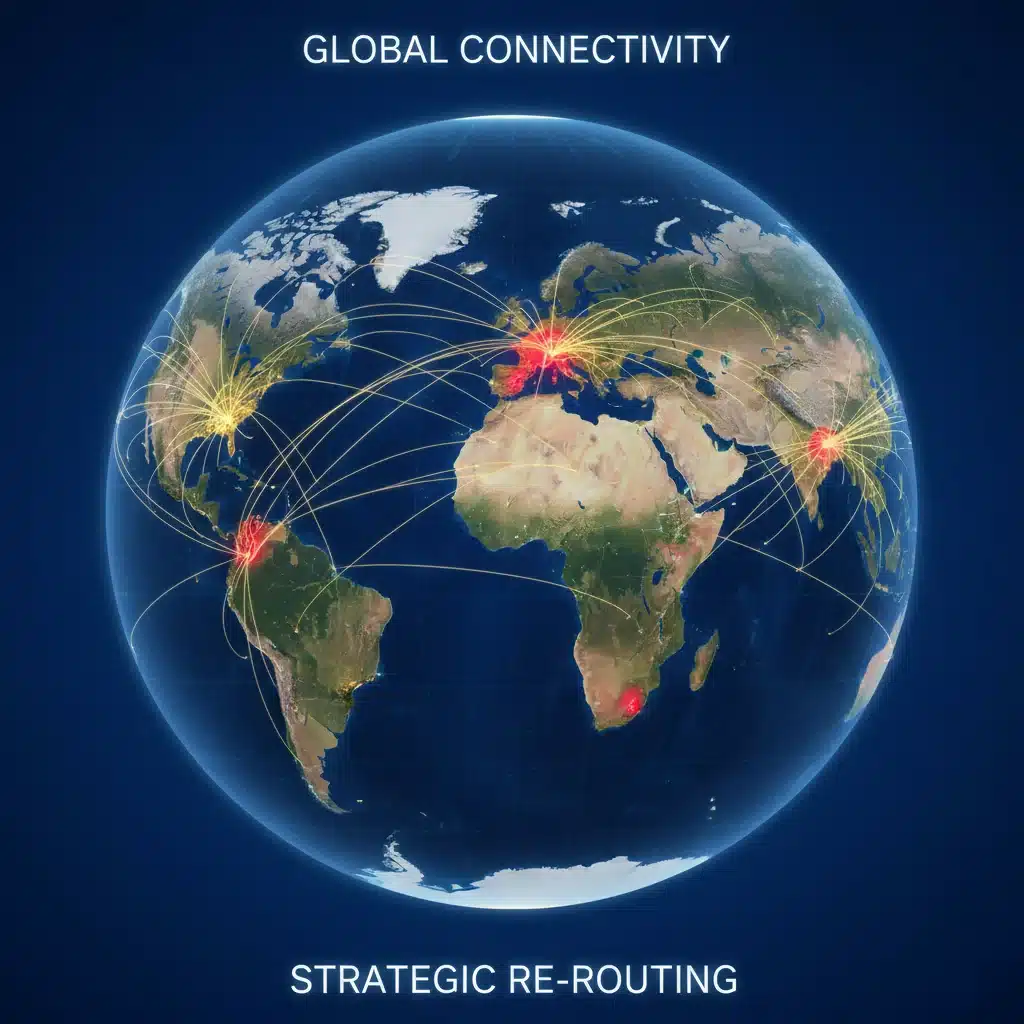Global supply chain map with US reshoring focus and diversified routes