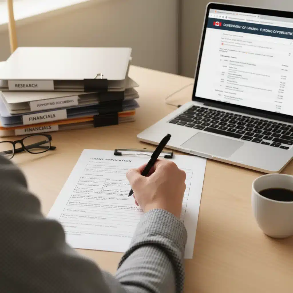Hand filling out a detailed grant application form for startup funding.