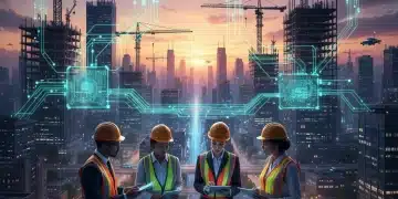 Modern city infrastructure development with cranes and professionals discussing plans.