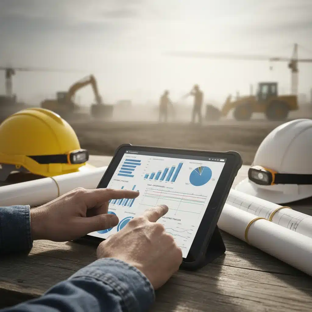 Project manager reviewing construction plans on a digital tablet.