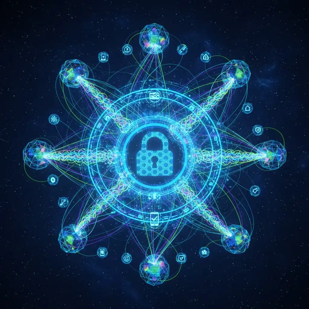 Abstract network with padlock icon, representing strong encryption and multi-factor authentication.