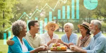 Diverse group of happy retirees in a park with financial charts overlay