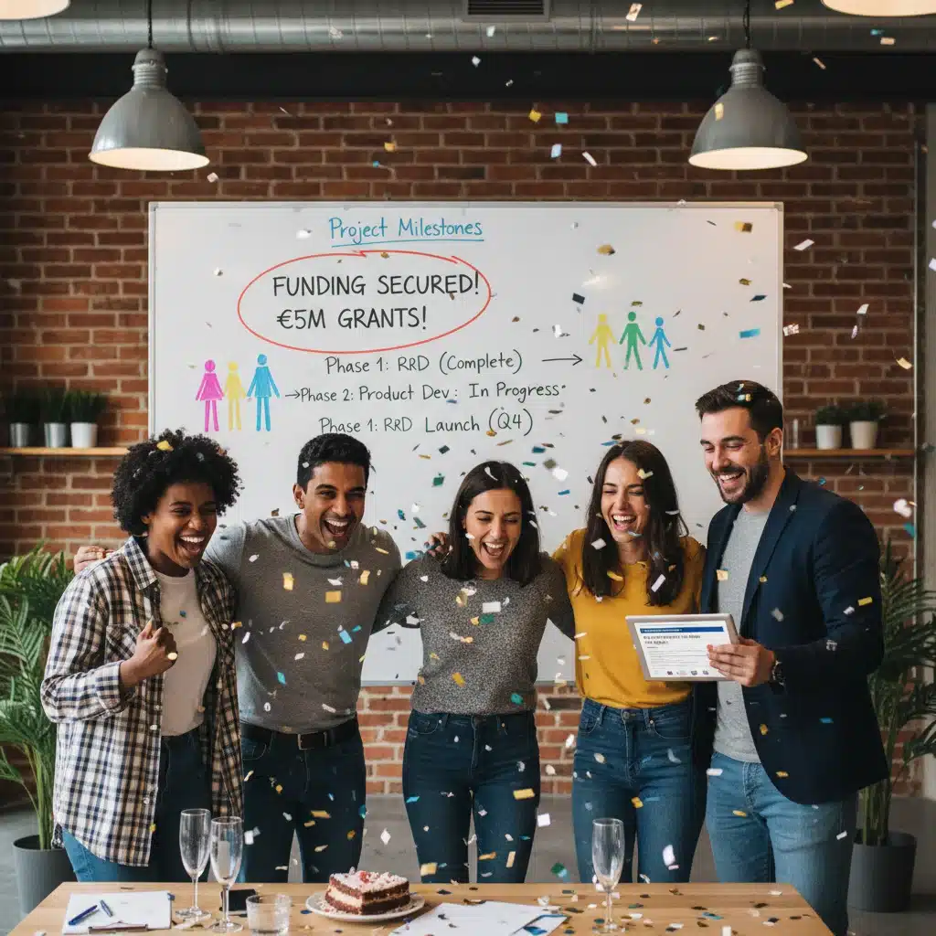 Startup founders celebrating securing grant funding with a triumphant team.