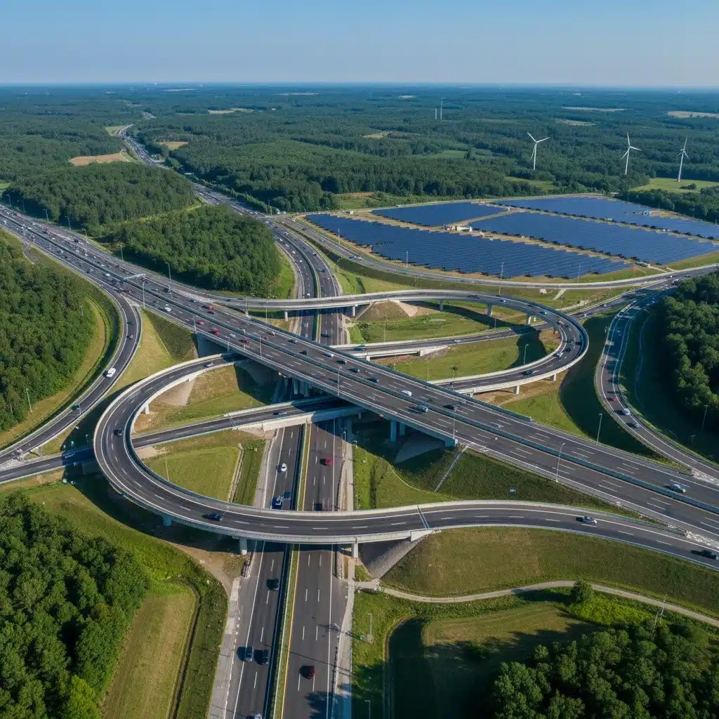 Modern highway interchange with sustainable energy elements.