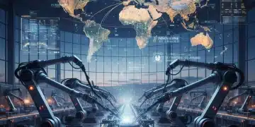 Modern US manufacturing facility with robots and global trade data overlays