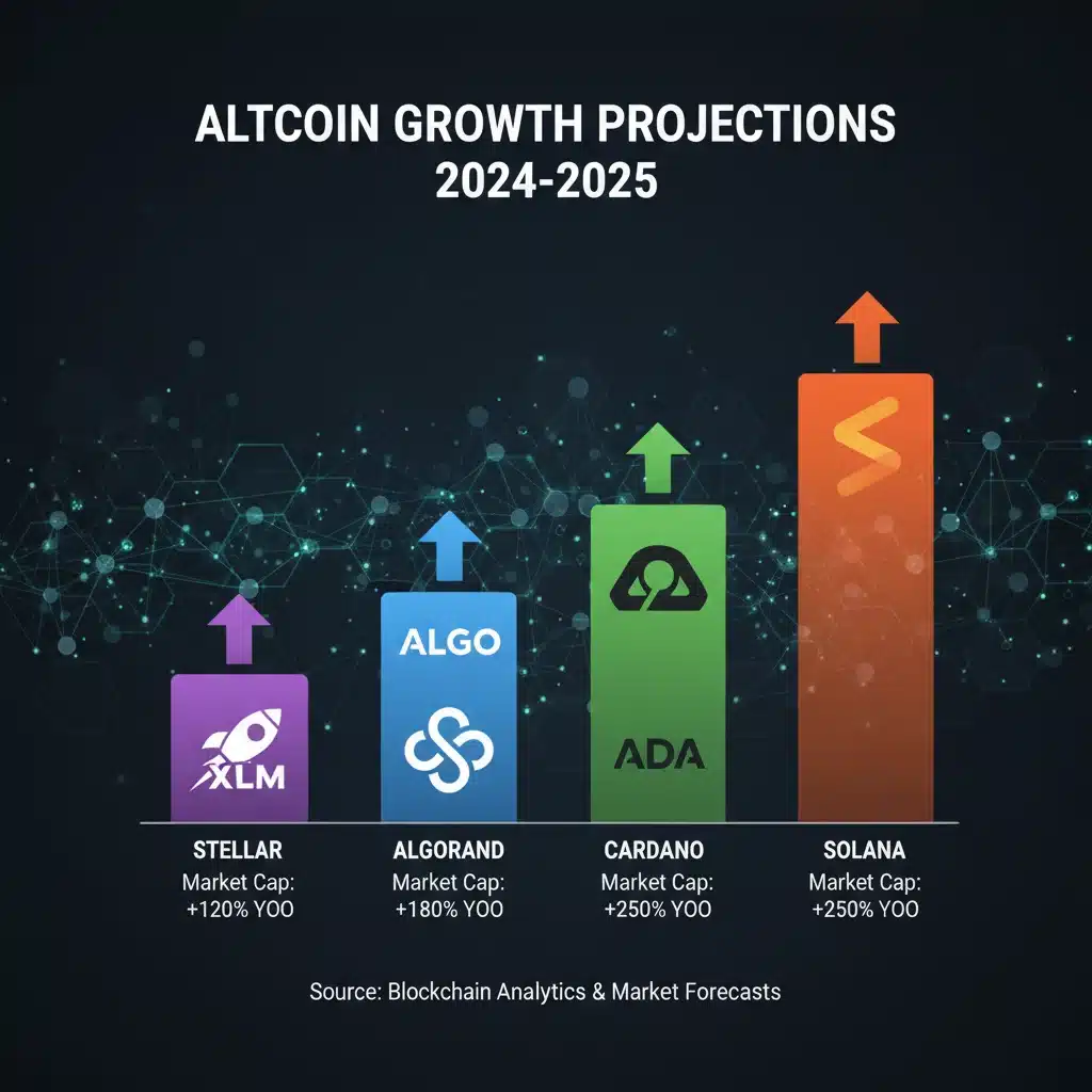 Infographic showing projected growth and market capitalization for emerging altcoins.