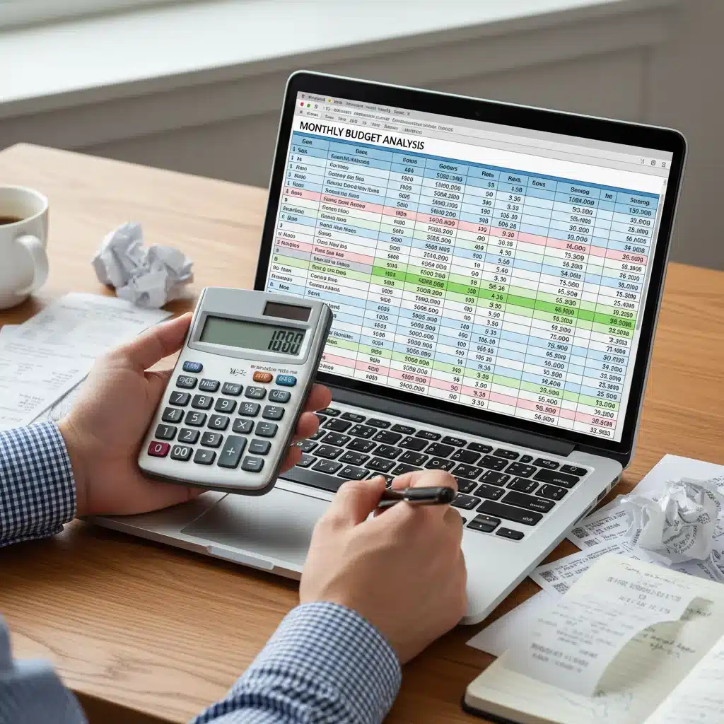 Detailed budget analysis on a laptop with calculator and bills