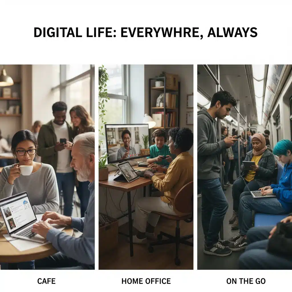 Diverse consumers engaging with various digital services on multiple devices
