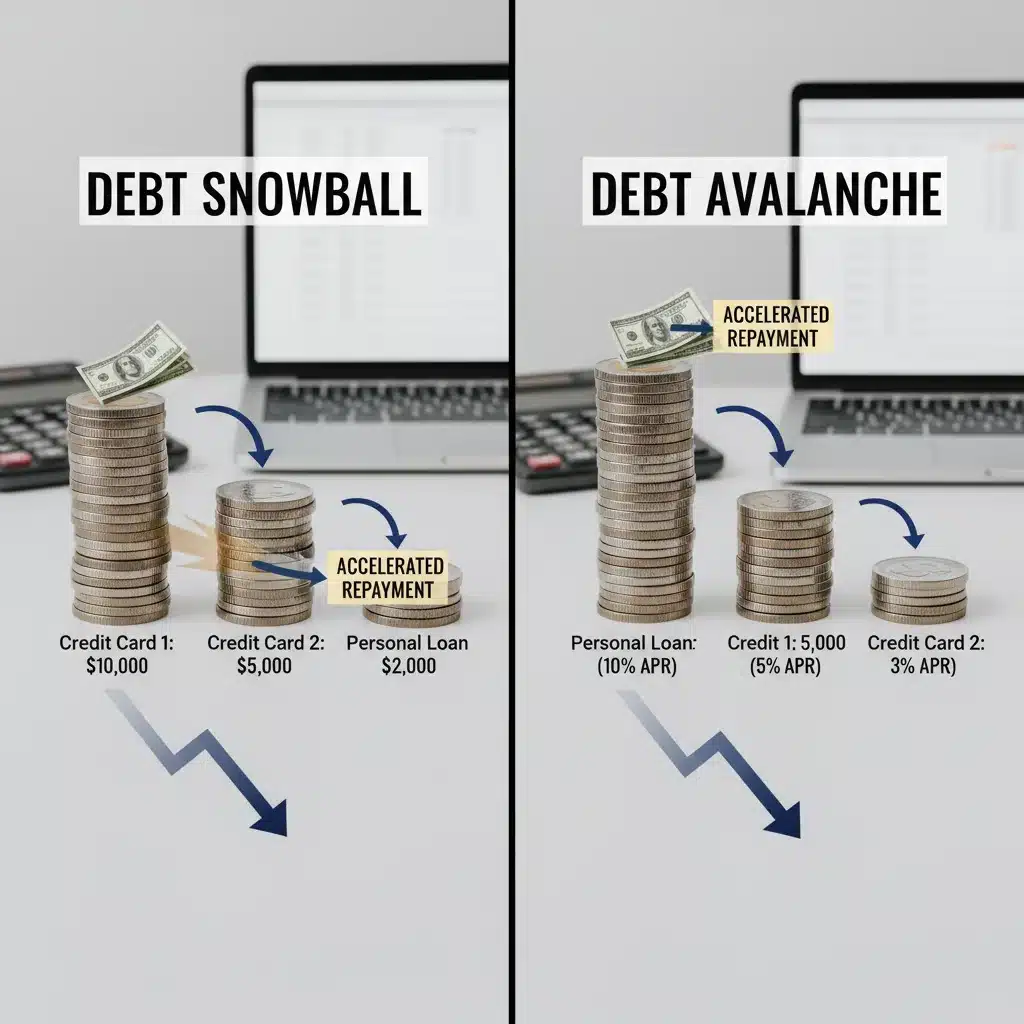 Debt reduction strategy visual with stacked coins and bills