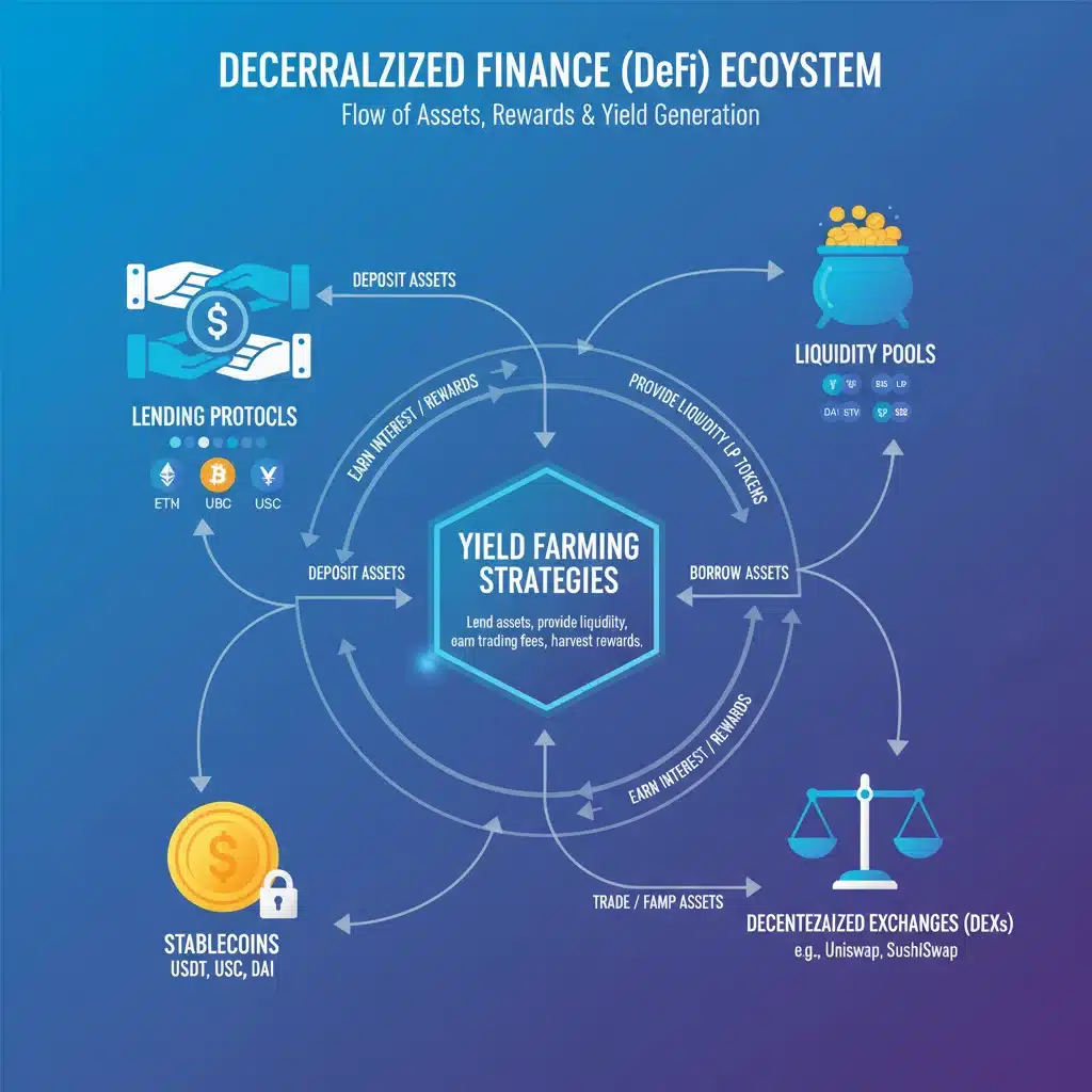 Infographic showing interconnected DeFi components for yield farming strategies.