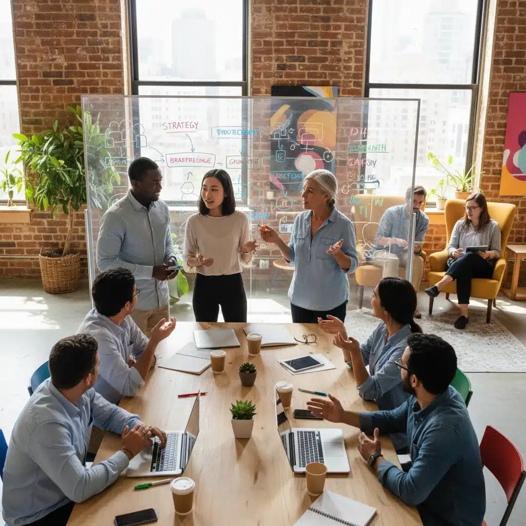 Diverse startup team collaborating on strategic growth and innovation