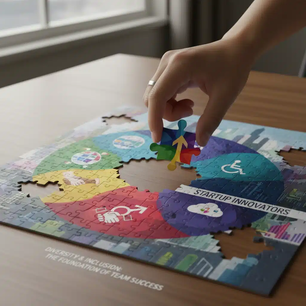 Hand placing a puzzle piece into a diverse team puzzle, symbolizing inclusion.