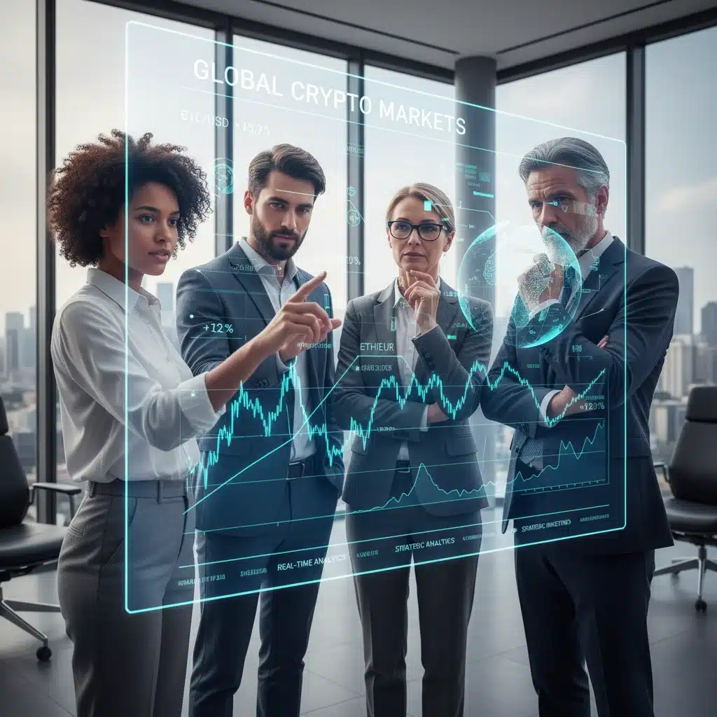 Investors analyzing cryptocurrency charts and financial data on a holographic display for informed decisions.