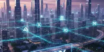 Futuristic cityscape with blockchain networks representing emerging altcoin growth in Q3 2026 US market.