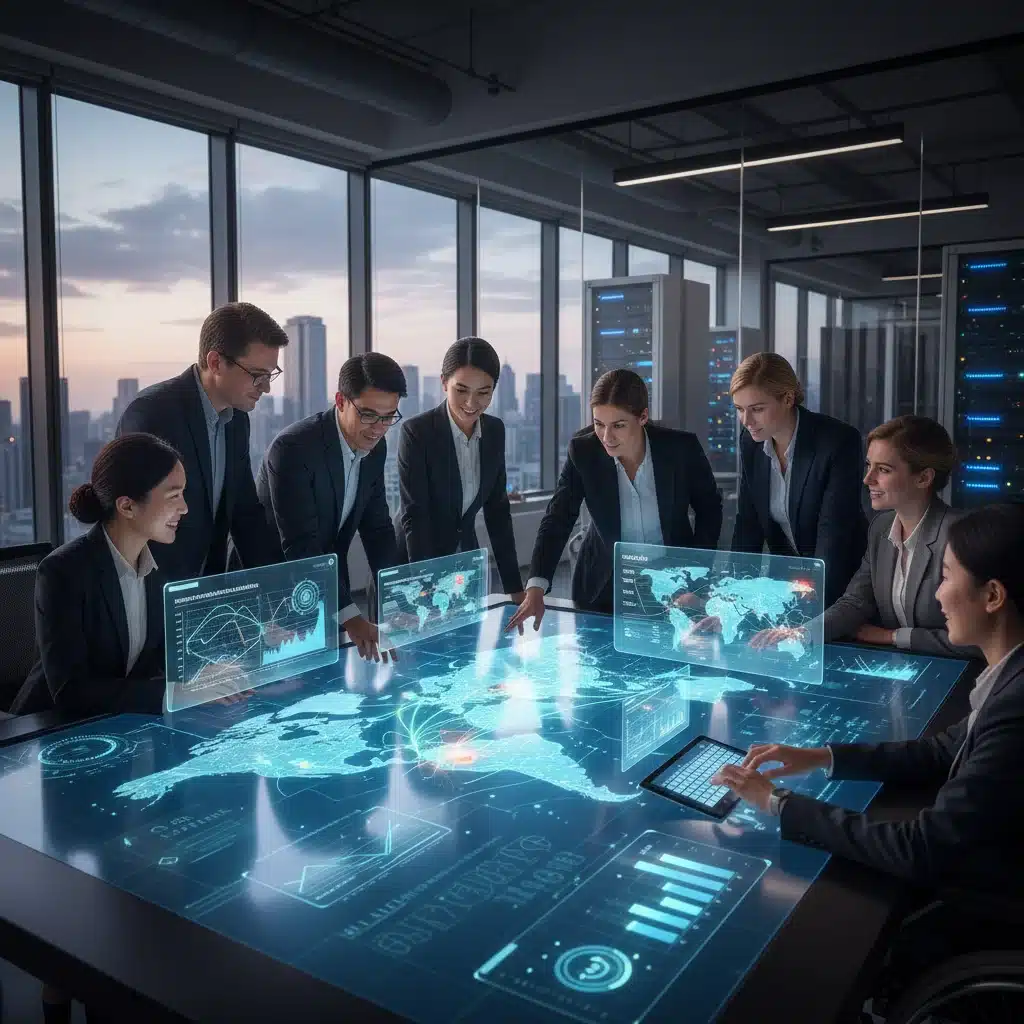 Team collaborating on real-time supply chain analytics and predictive risk assessment