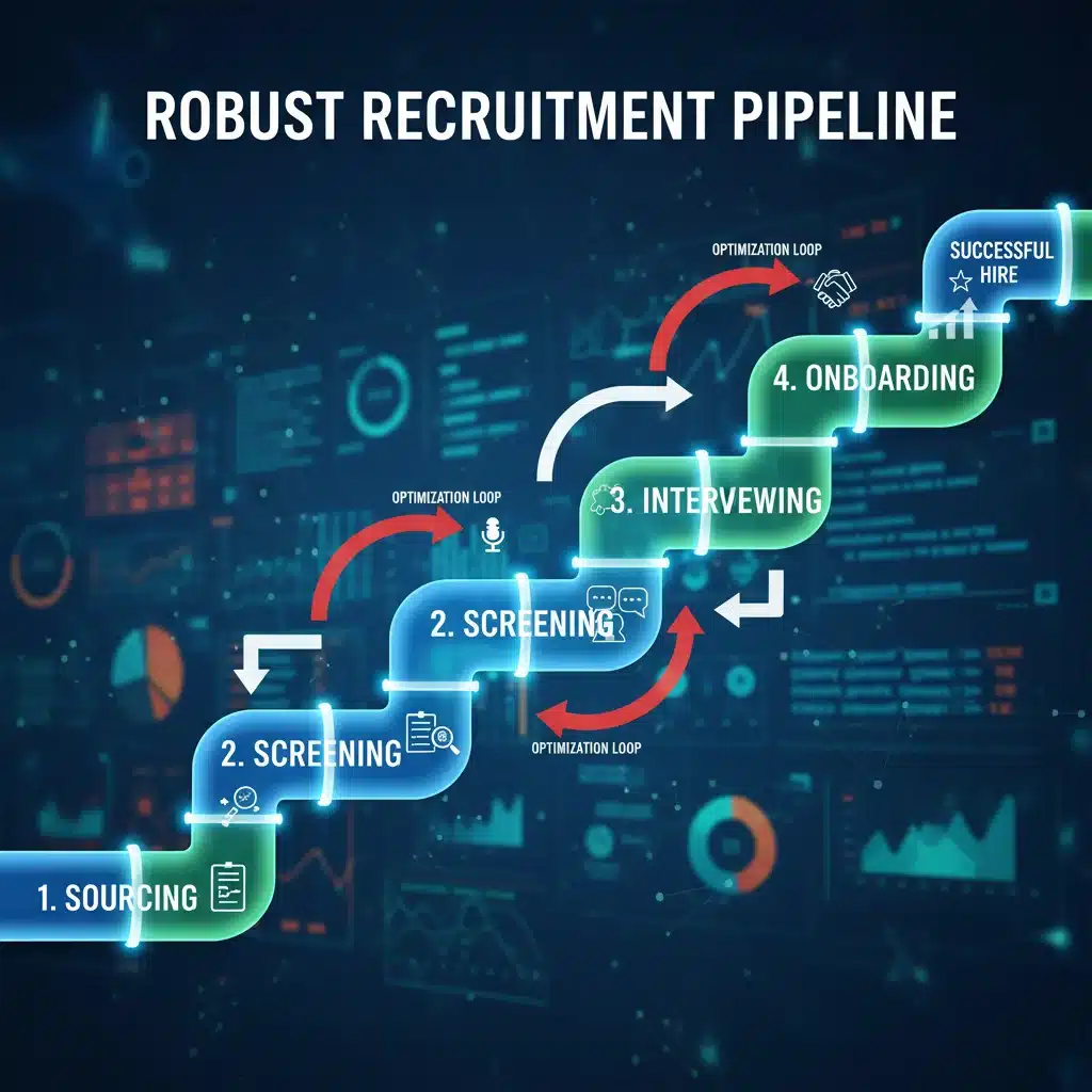 Recruitment pipeline infographic showing stages of talent acquisition process.