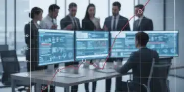 Graph showing rising interest rates with business professionals analyzing data.