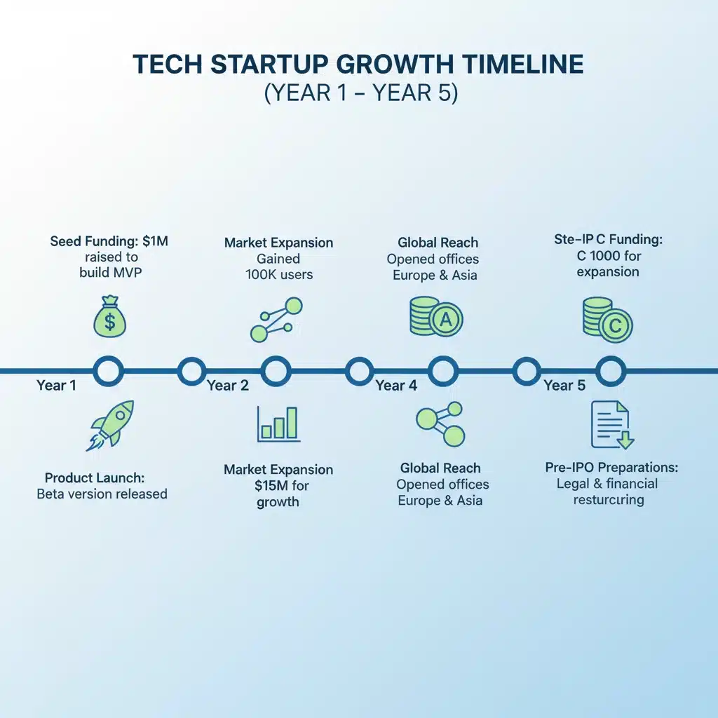 Infographic illustrating a 5-year strategic timeline for tech startup growth and IPO readiness.