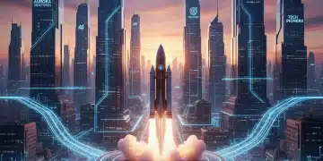 Futuristic cityscape with a rocket launch, symbolizing a tech startup's journey to IPO success.