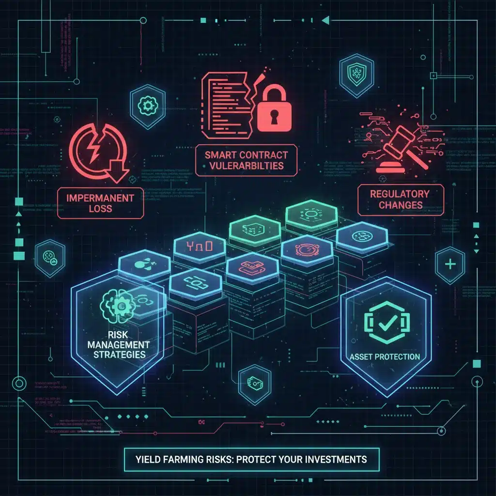 Digital ledger displaying yield farming risks and protective measures.