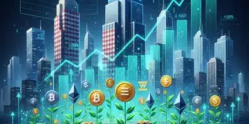 Digital farm with crypto symbols and US cityscape, symbolizing yield farming for US investors in 2026.